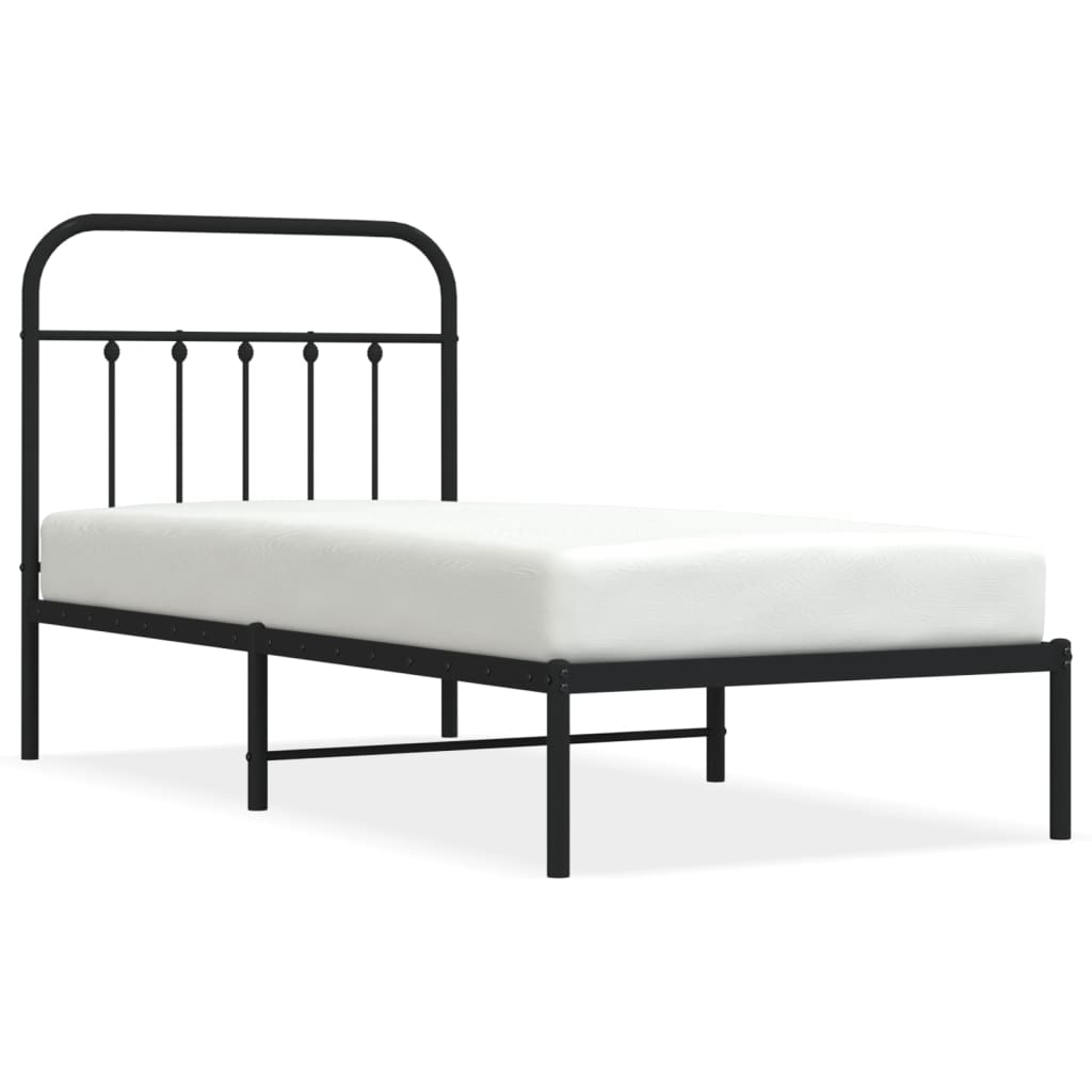 Black Metal Bed Frame with Headboard - 90x190cm, No Mattress