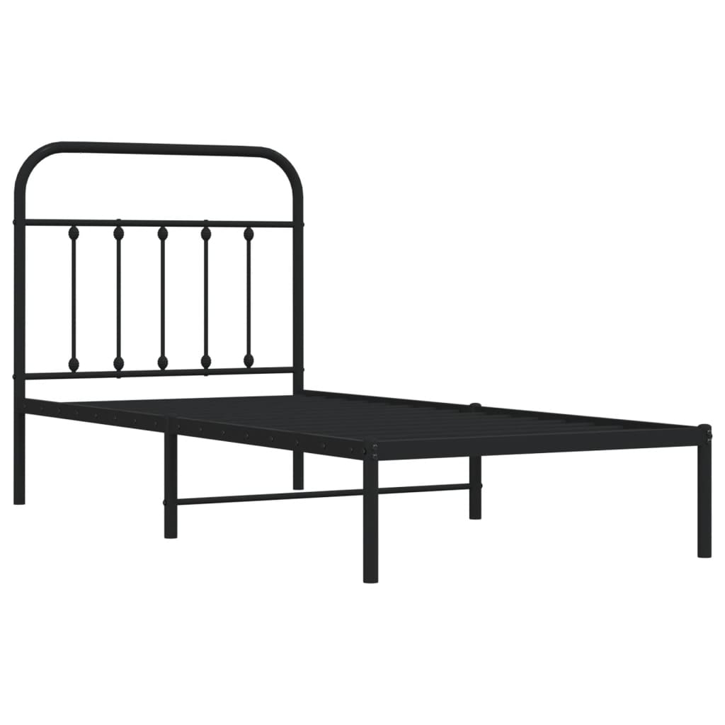 Black Metal Bed Frame with Headboard - 90x190cm, No Mattress
