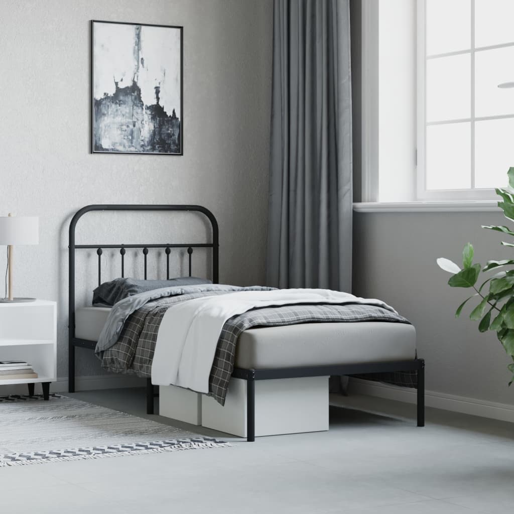 Black Metal Bed Frame with Headboard - 90x190cm, No Mattress