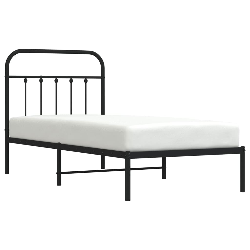 Black Metal Bed Frame with Headboard - 90x190cm, No Mattress