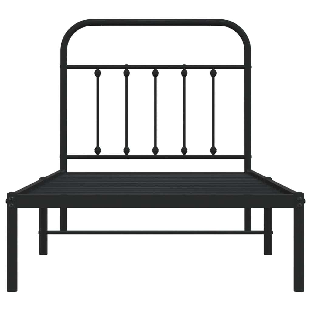 Black Metal Bed Frame with Headboard - 90x190cm, No Mattress