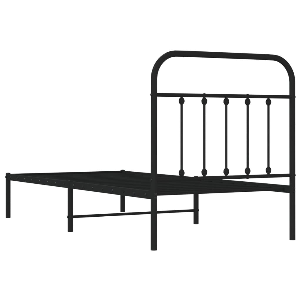 Black Metal Bed Frame with Headboard - 90x190cm, No Mattress