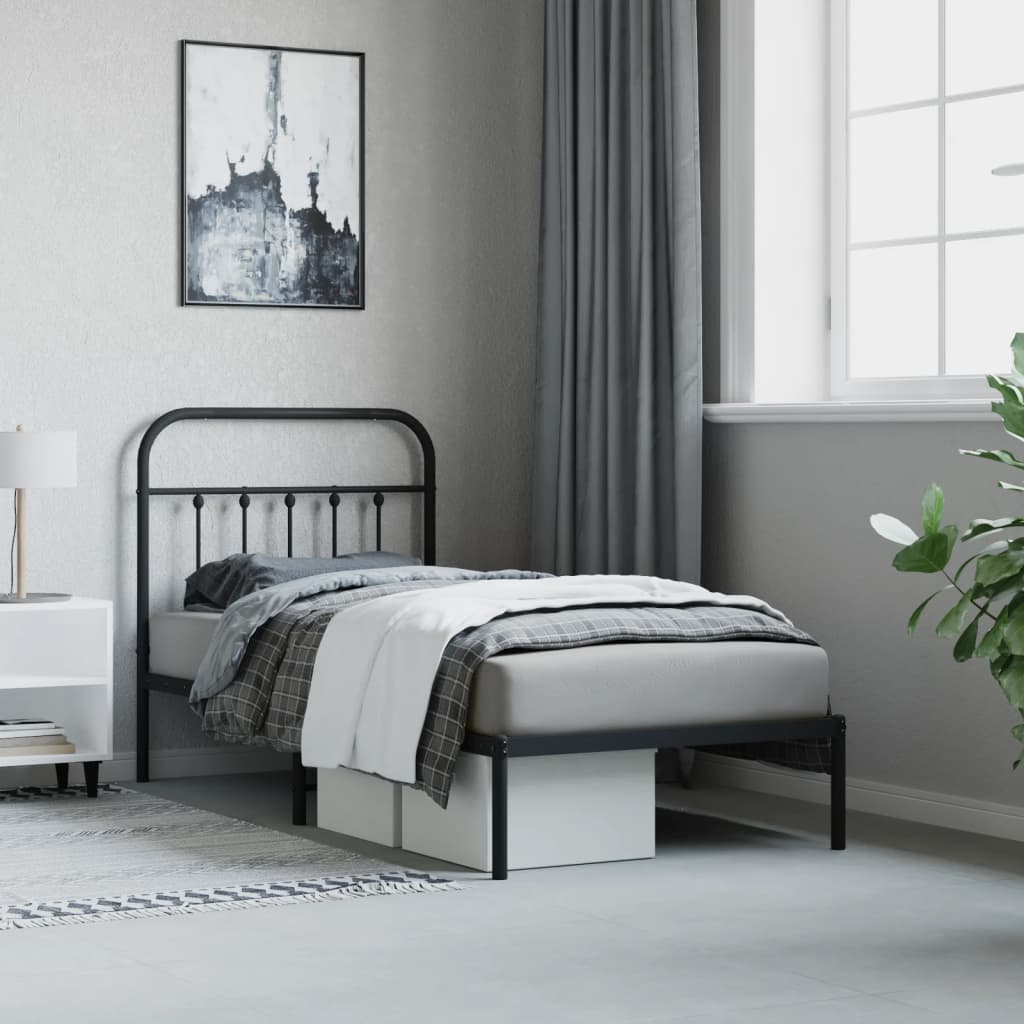 Sleek Black Metal Bed Frame with Headboard 90x200cm