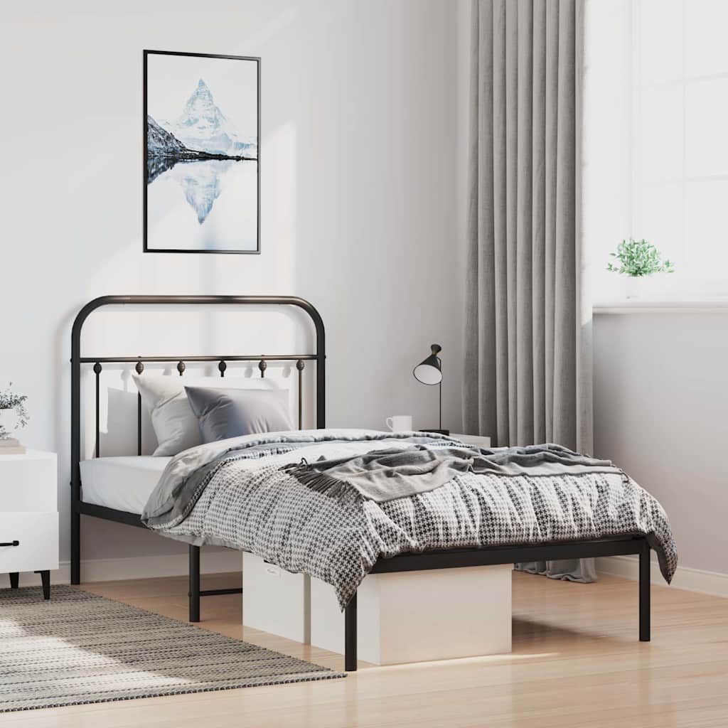 Black Metal Bed Frame with Headboard - 100x190cm, No Mattress