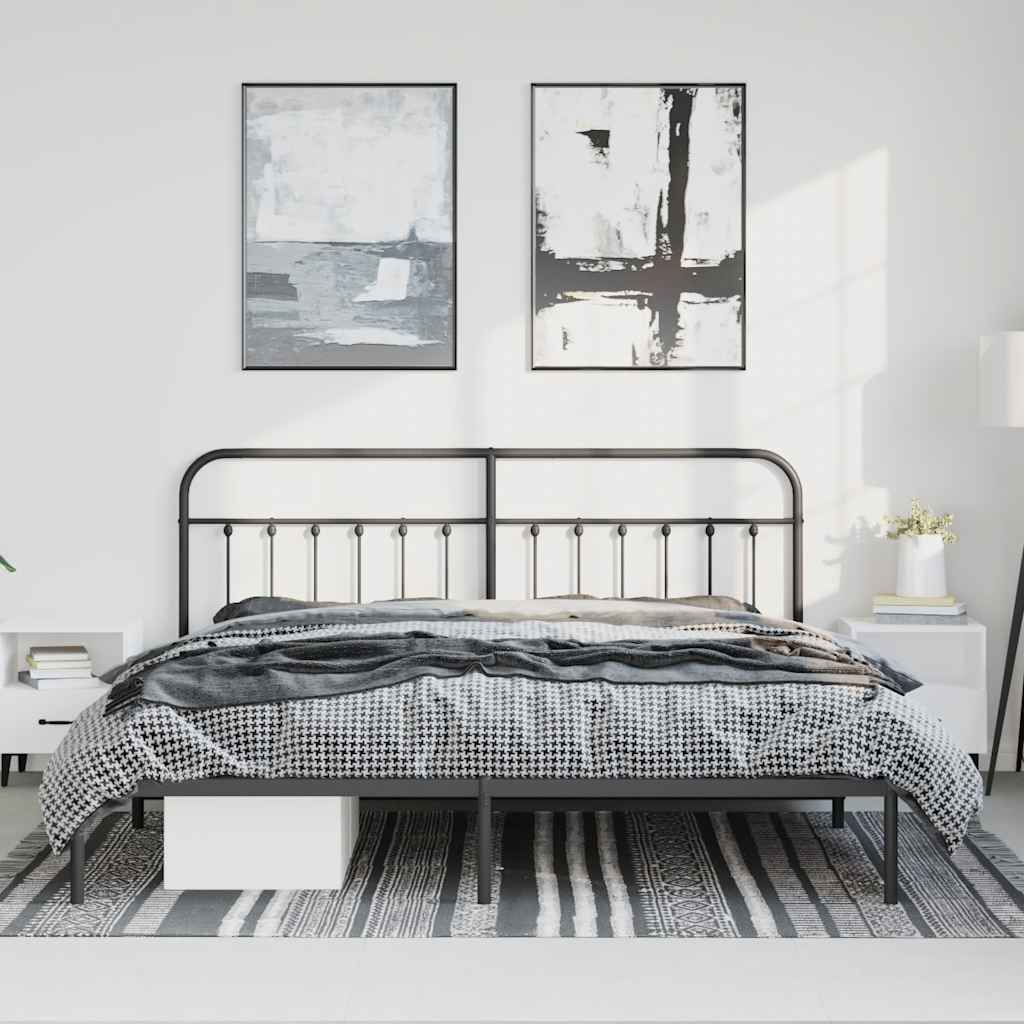 Black Metal Bed Frame with Headboard - 183x213cm, No Mattress