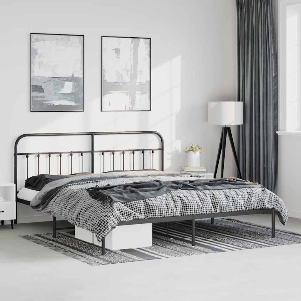 Black Metal Bed Frame with Headboard - 183x213cm, No Mattress