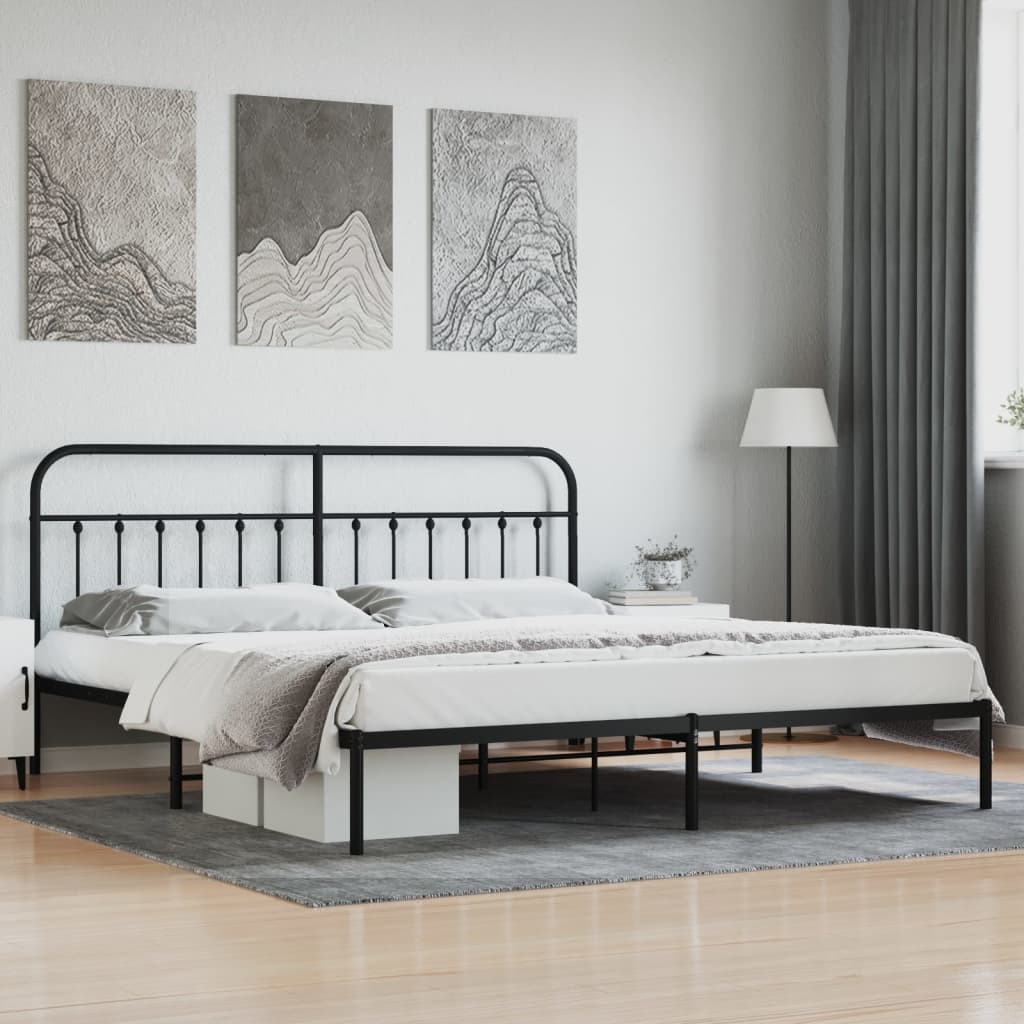 Elegant Black Metal Bed Frame with Headboard, 200x200cm