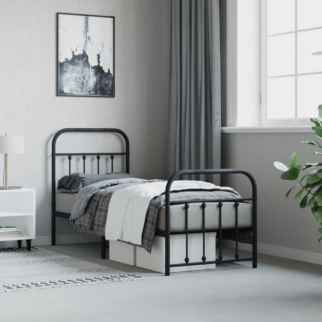 Sleek Black Metal Bed Frame with Footboard 75x190cm (No Mattress)