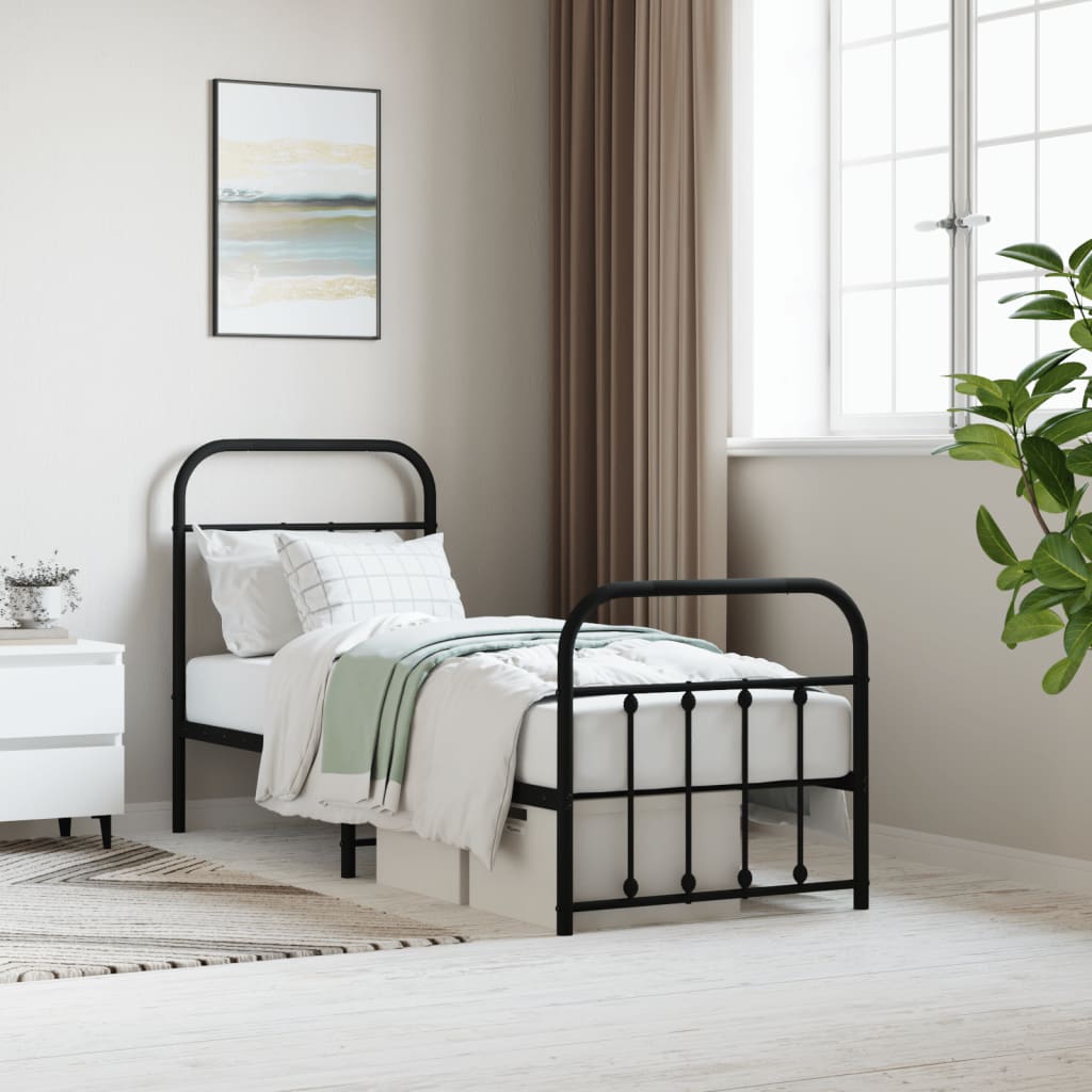 Sleek Black Metal Bed Frame with Footboard 75x190cm (No Mattress)