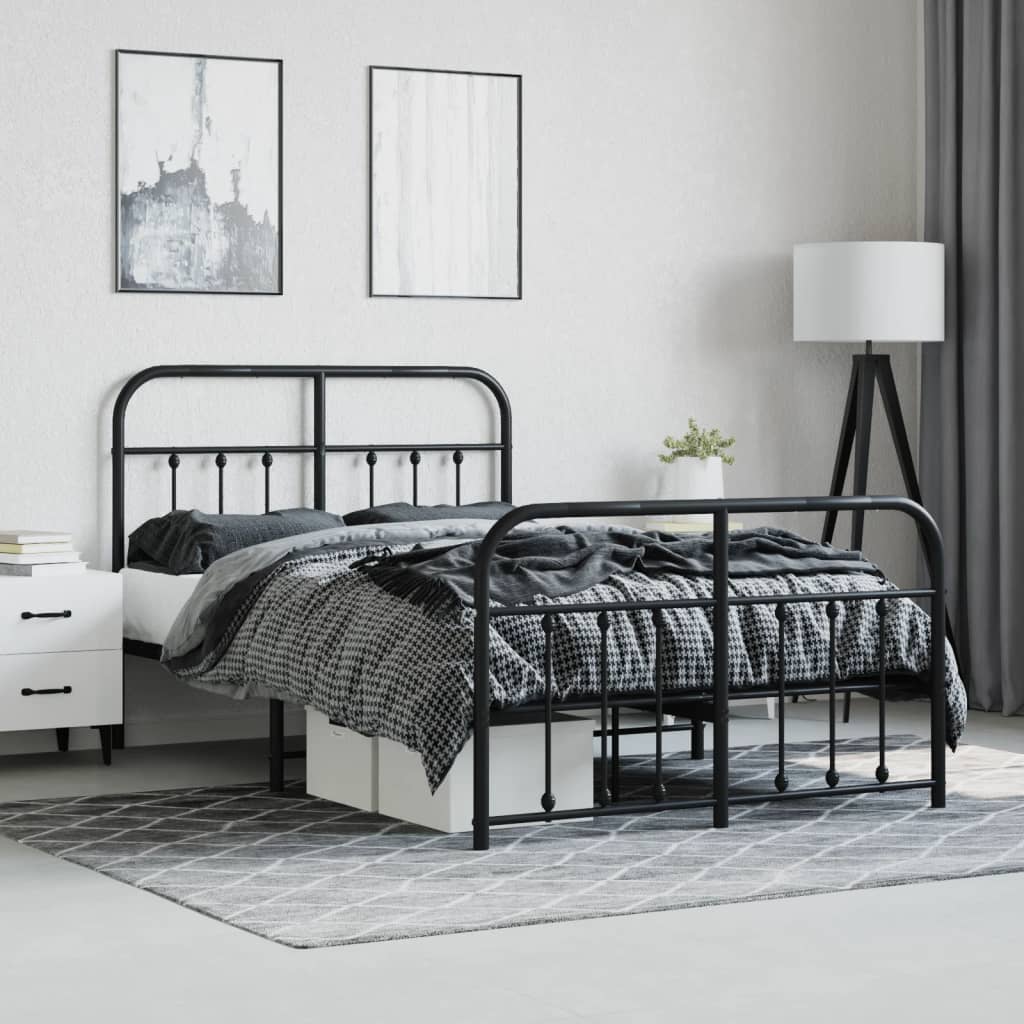 Elegant Black Metal Bed Frame with Footboard, 120x190cm