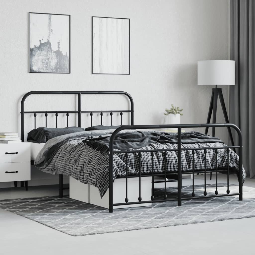 Sleek Black Metal Bed Frame with Footboard 140x200cm - No Mattress