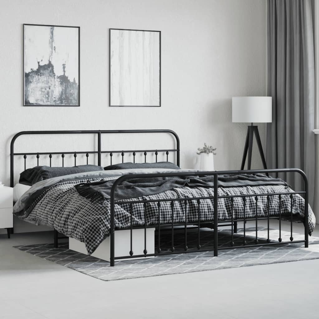 Black Metal Bed Frame with Footboard - 200x200cm, No Mattress