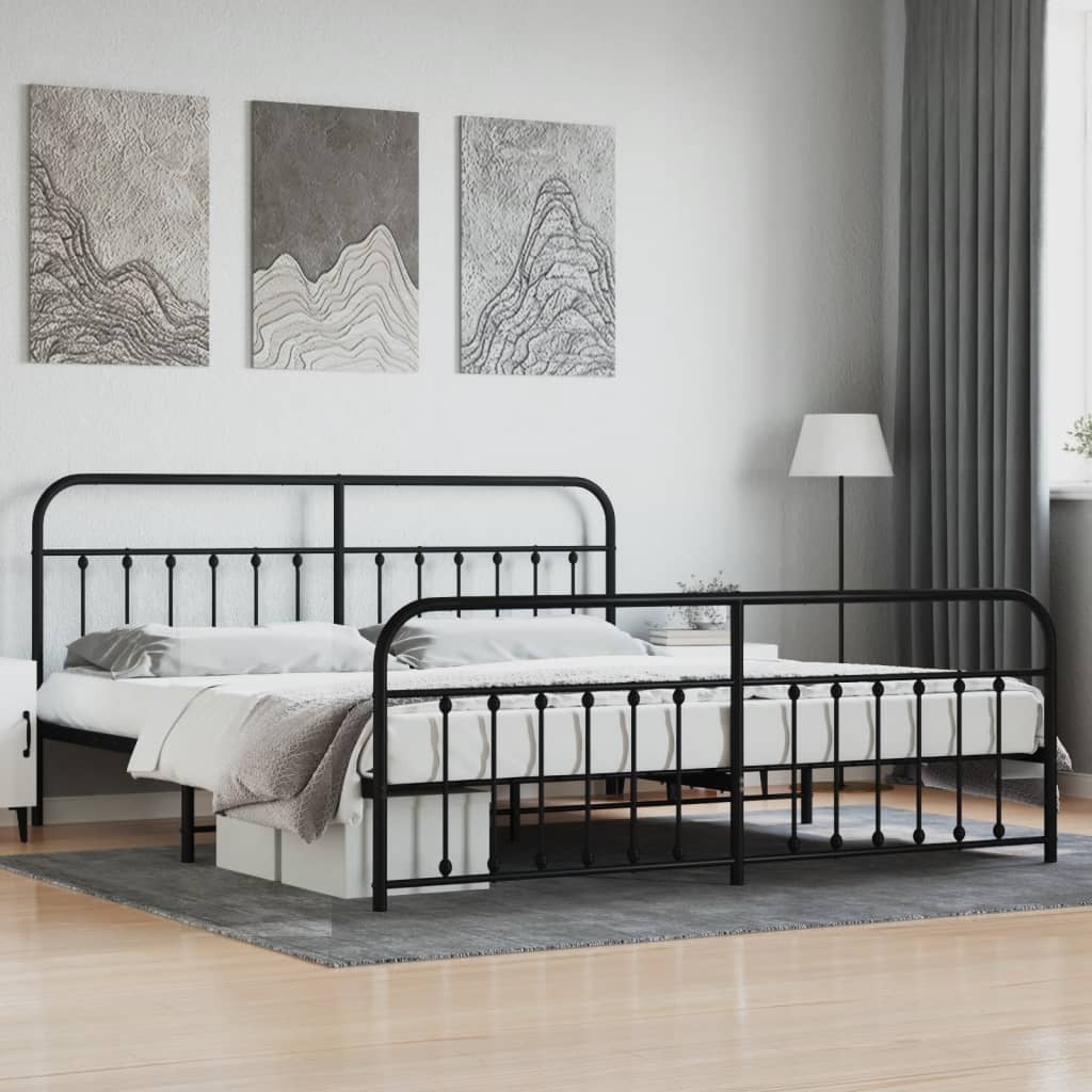 Black Metal Bed Frame with Footboard - 200x200cm, No Mattress