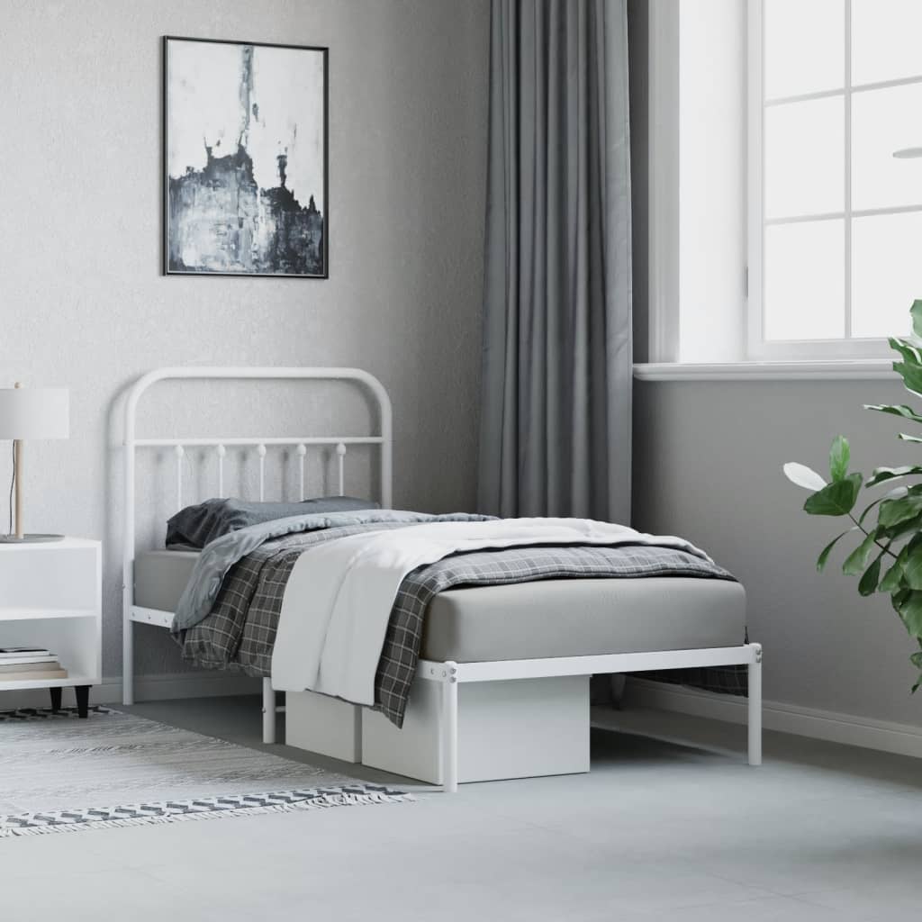White Metal Bed Frame with Headboard 90x190cm - No Mattress Included