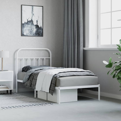 White Metal Bed Frame with Headboard 90x190cm - No Mattress Included