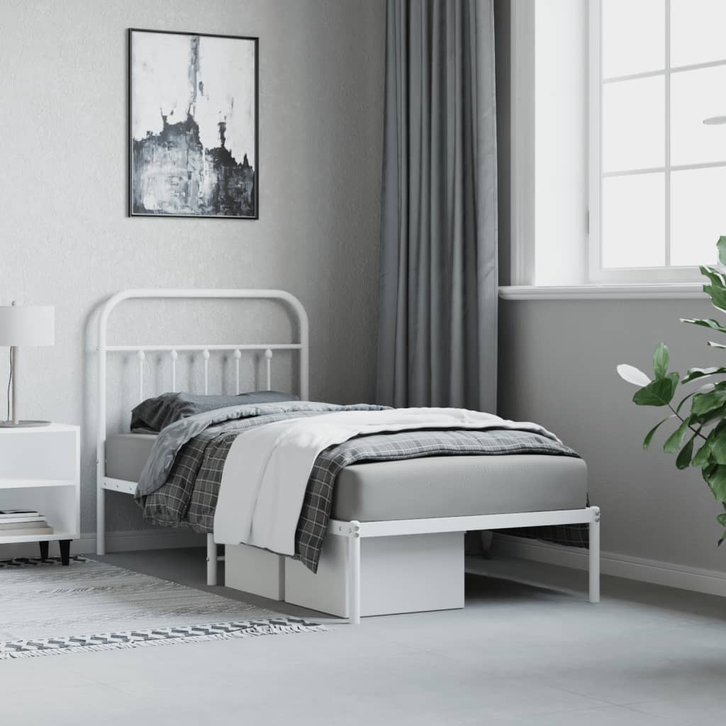 White Metal Bed Frame with Headboard, No Mattress, 90x200cm