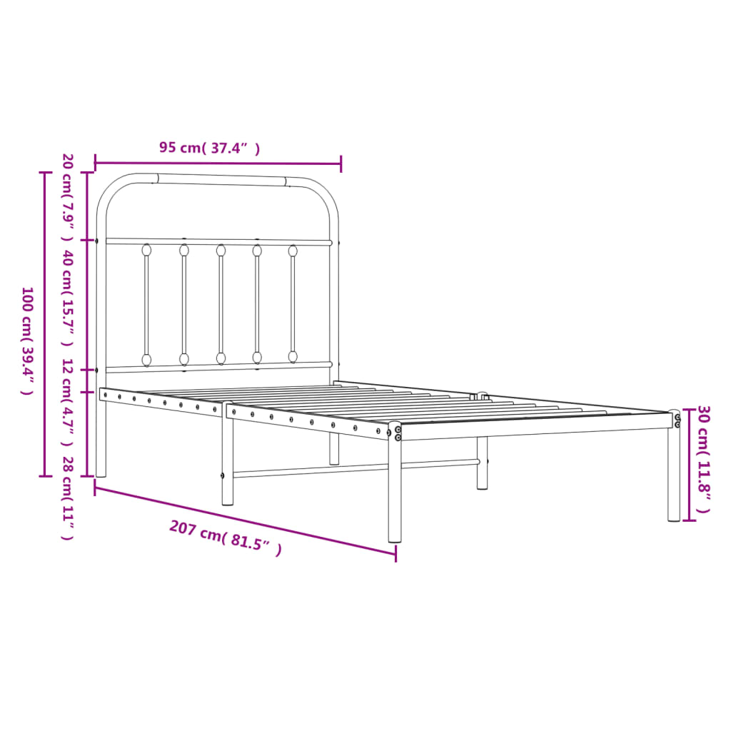 White Metal Bed Frame with Headboard, No Mattress, 90x200cm