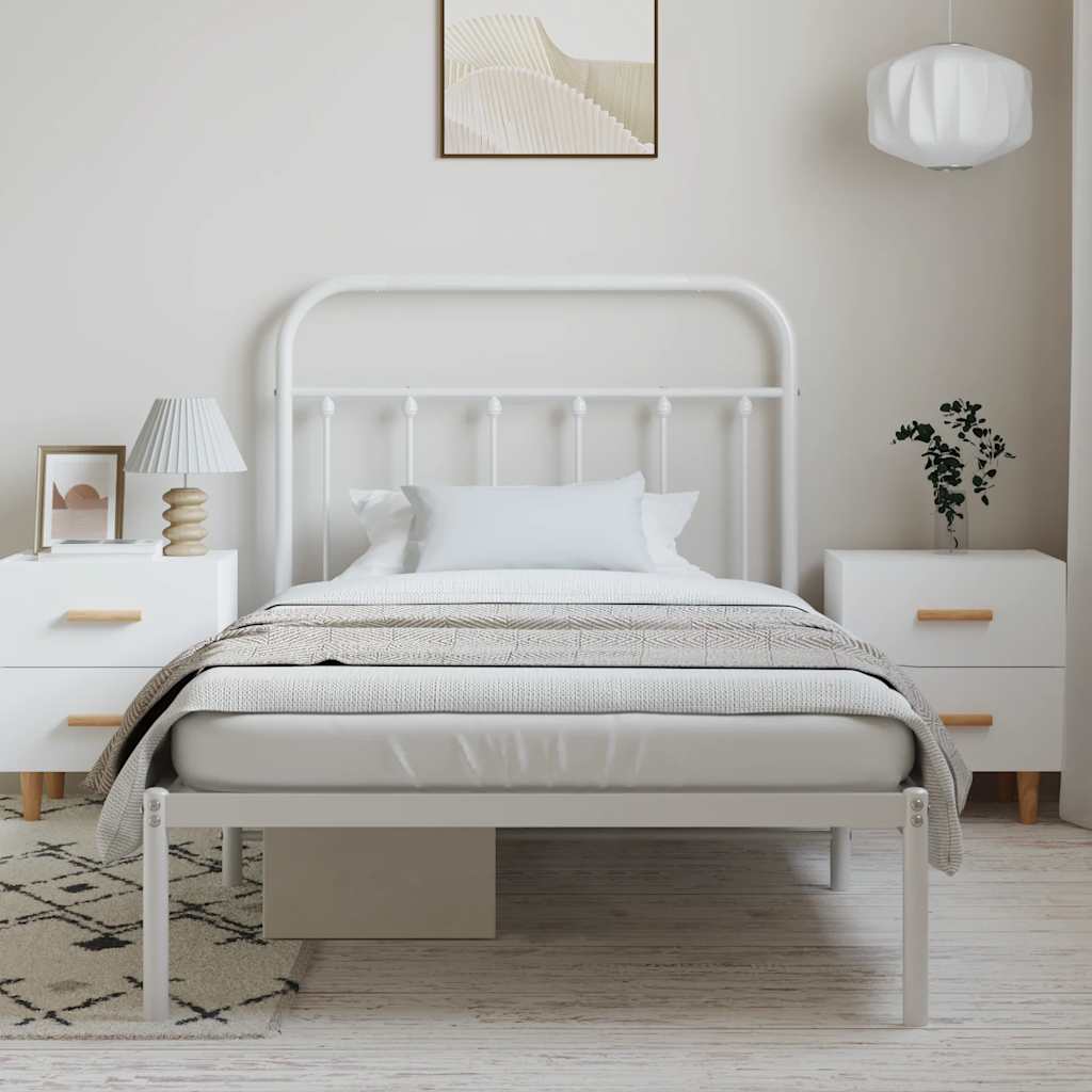 White Metal Bed Frame with Headboard, 100x190cm No Mattress