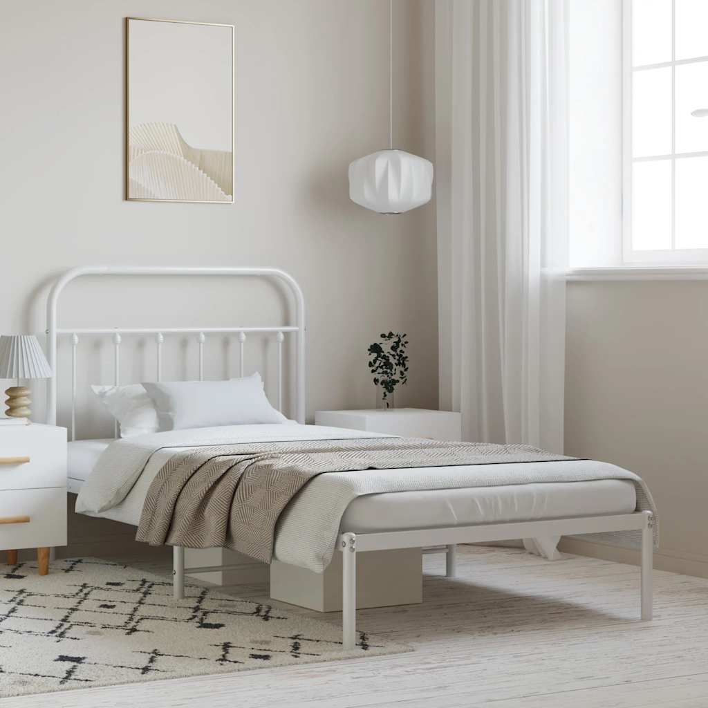 White Metal Bed Frame with Headboard, 100x190cm No Mattress