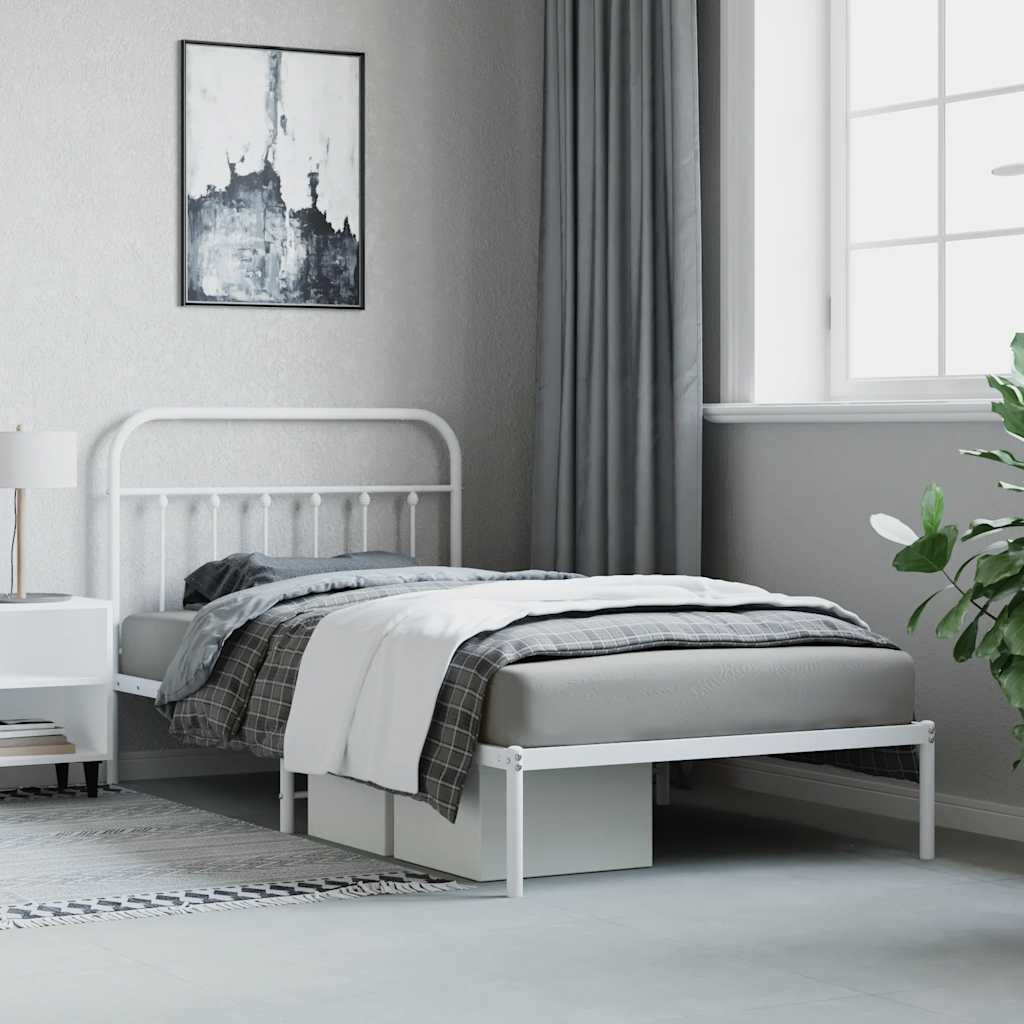 White Metal Bed Frame with Headboard - 100x200cm Sturdy Design