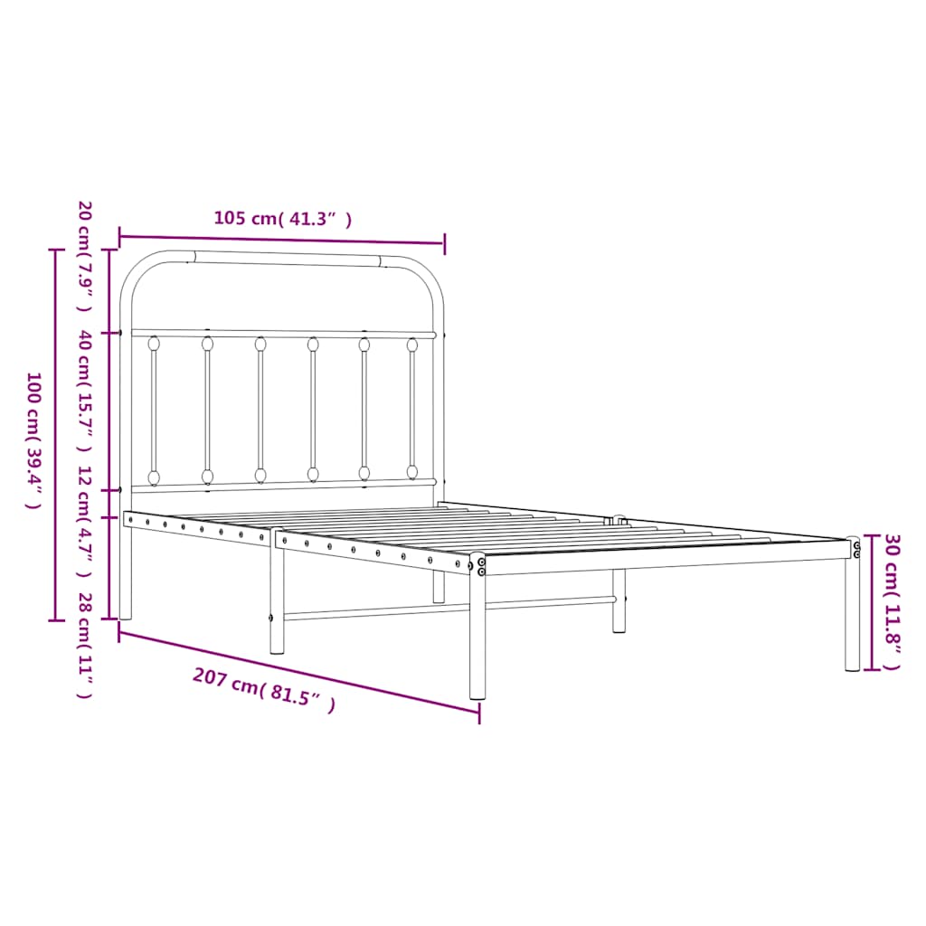White Metal Bed Frame with Headboard - 100x200cm Sturdy Design