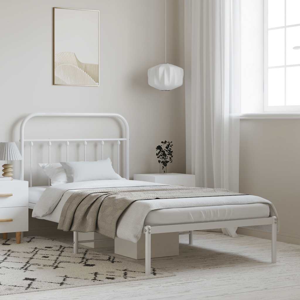White Metal Bed Frame with Headboard - 100x200cm Sturdy Design