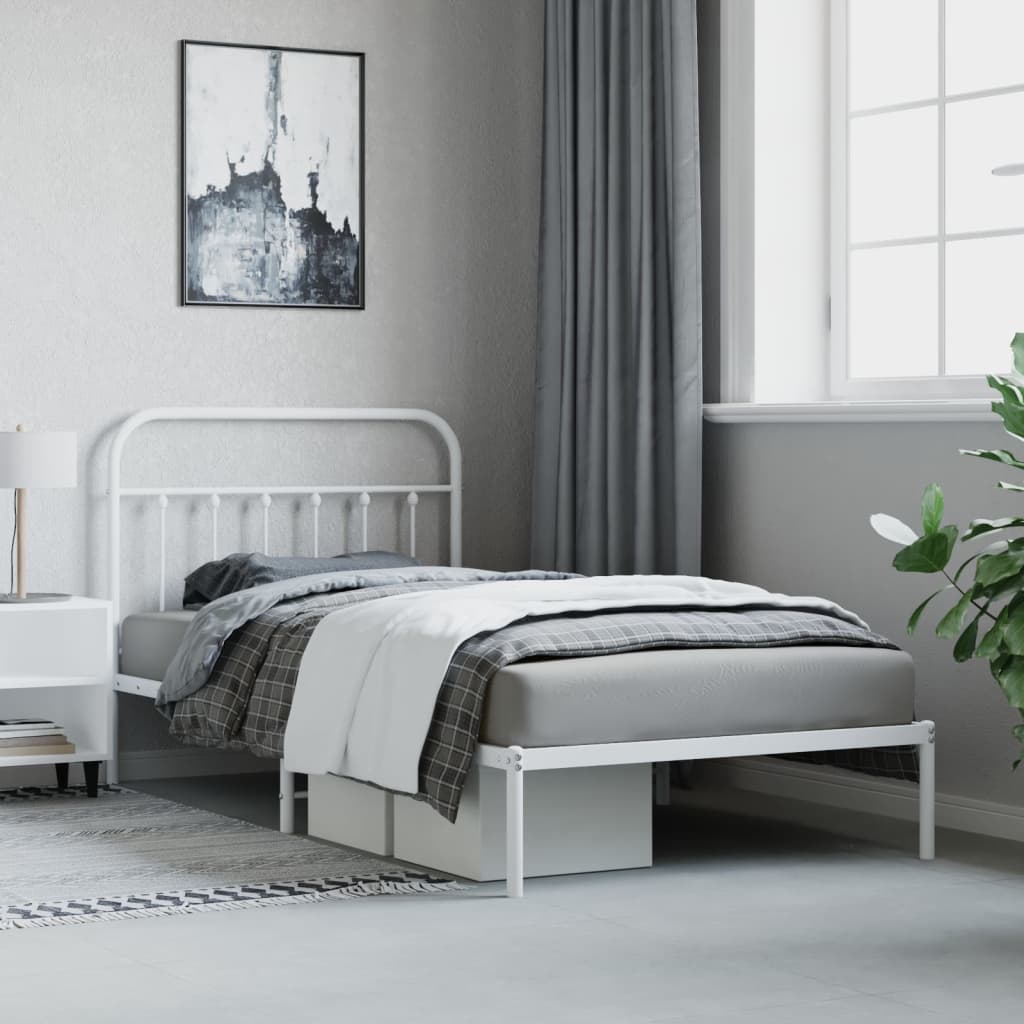 White Metal Bed Frame with Headboard 107x203cm - Mattress Not Included