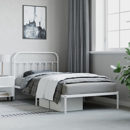 White Metal Bed Frame with Headboard 107x203cm - Mattress Not Included