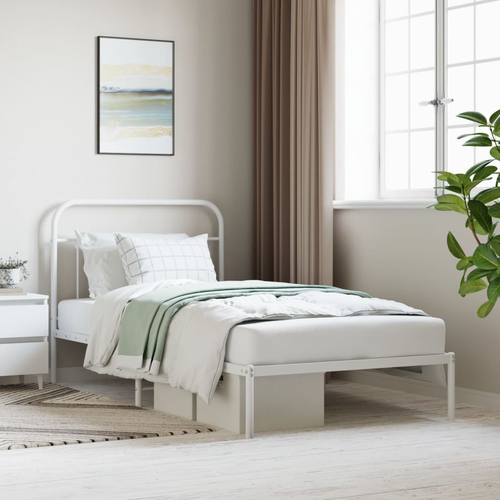 White Metal Bed Frame with Headboard 107x203cm - Mattress Not Included
