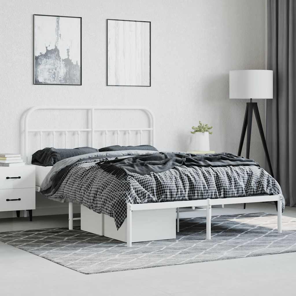 White Metal Bed Frame with Headboard - 135x190cm, No Mattress