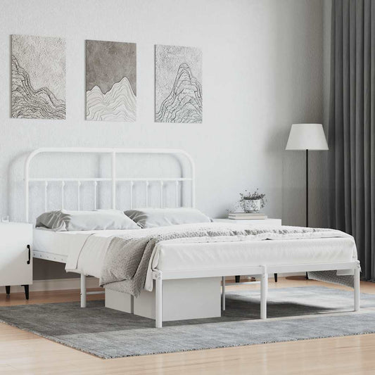 White Metal Bed Frame with Headboard - 135x190cm, No Mattress