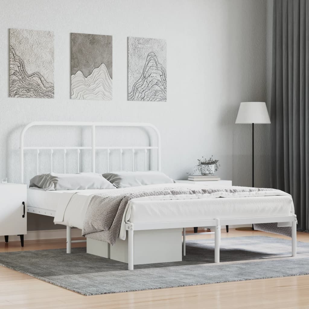 White Metal Bed Frame with Headboard 140x190cm - No Mattress