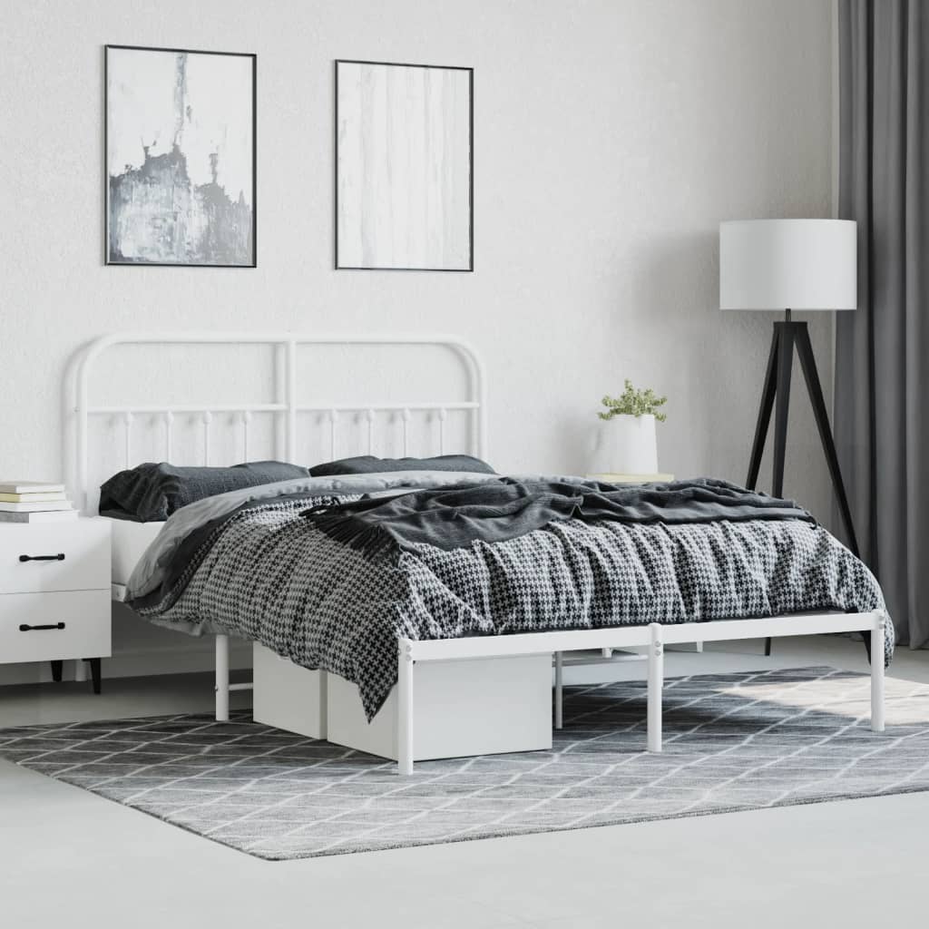 White Metal Bed Frame with Headboard - 140x200cm, No Mattress
