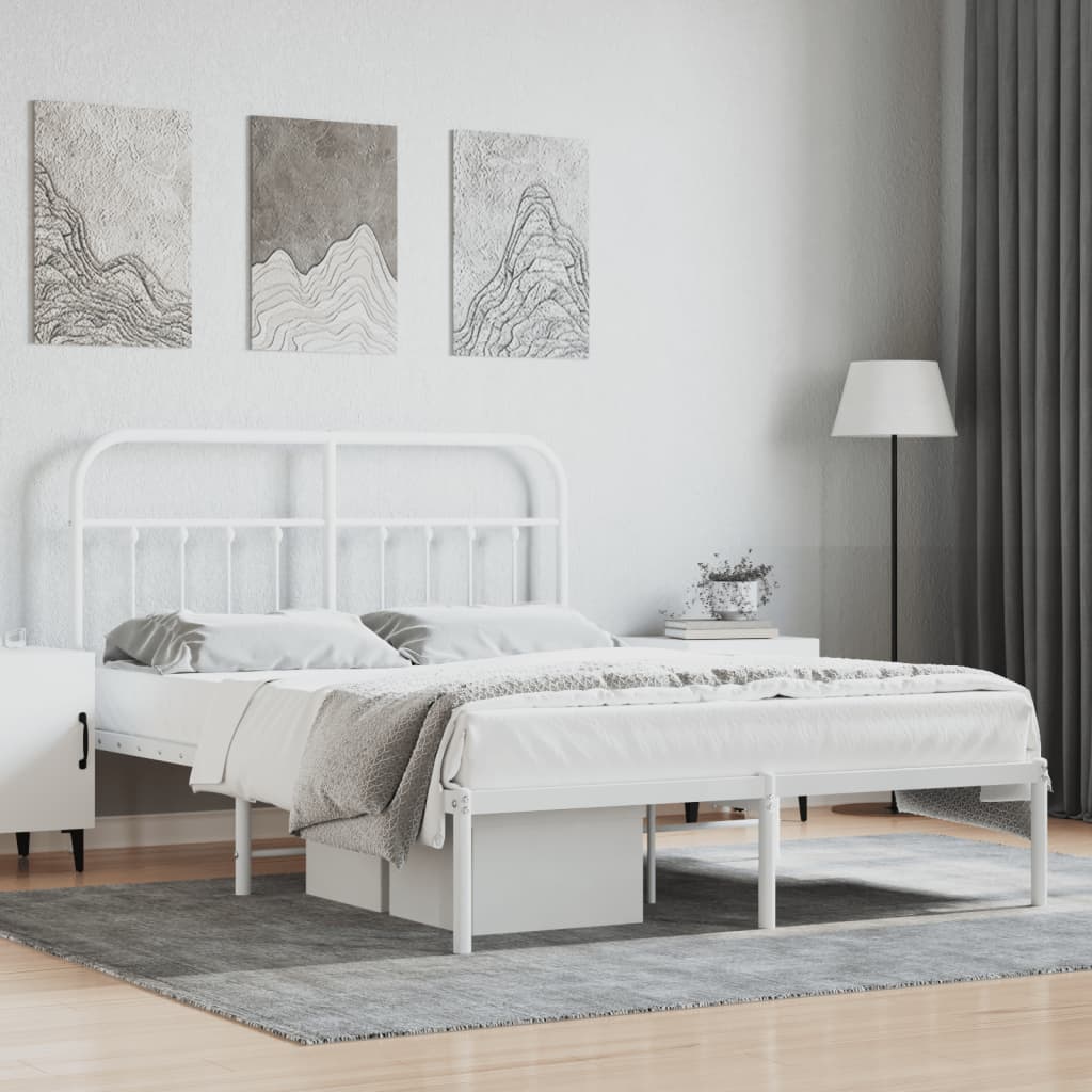 White Metal Bed Frame with Headboard - 140x200cm, No Mattress