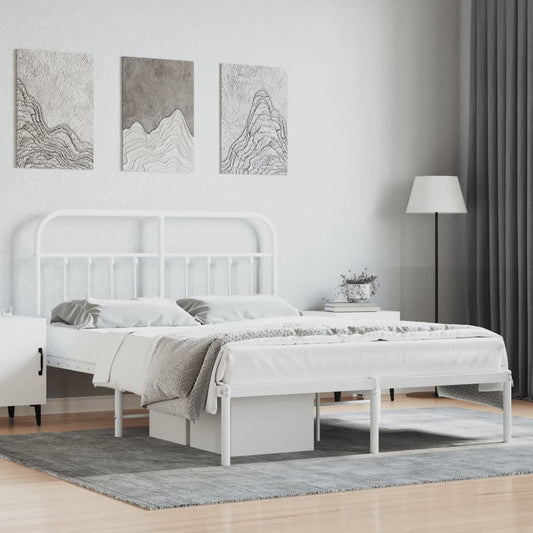 White Metal Bed Frame with Headboard - 140x200cm, No Mattress