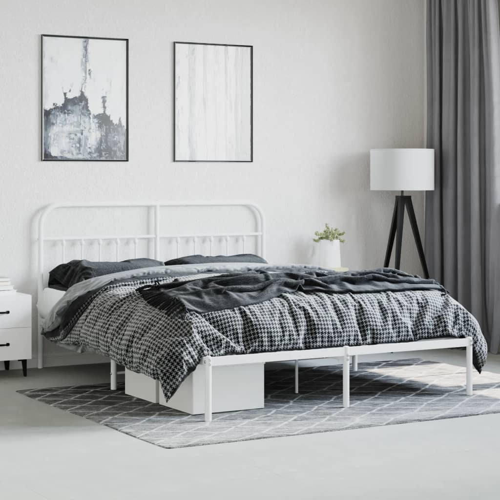 White Metal Bed Frame with Headboard 160x200cm - No Mattress Included