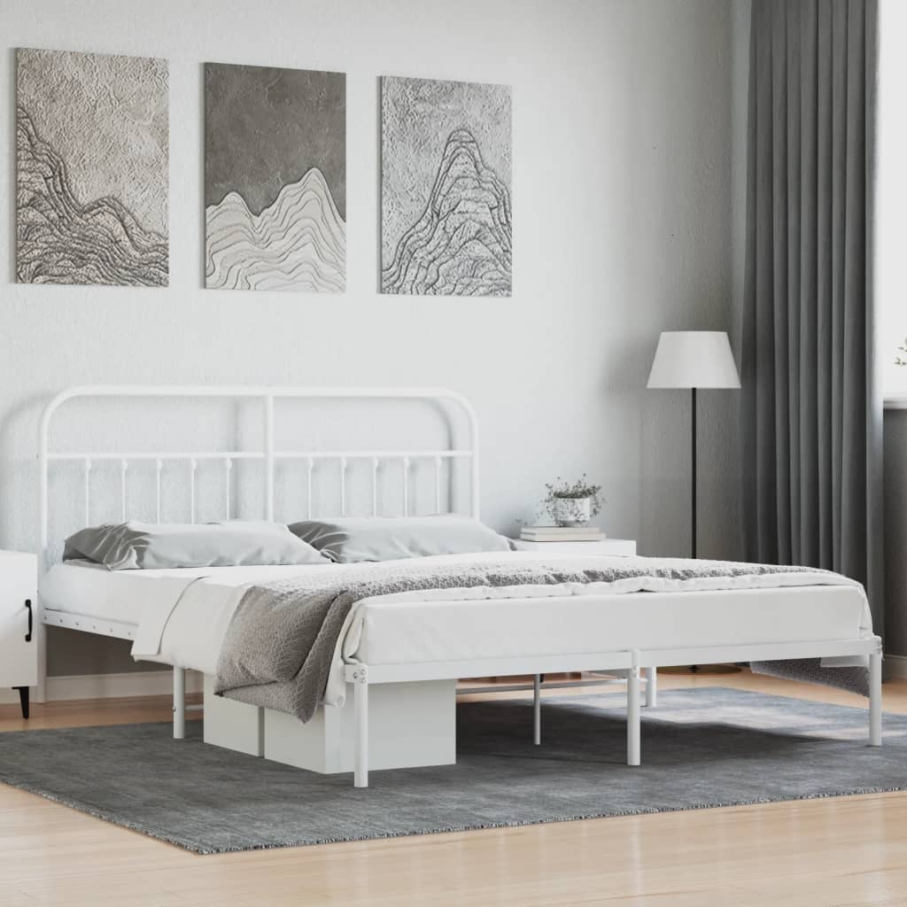 White Metal Bed Frame with Headboard 160x200cm - No Mattress Included