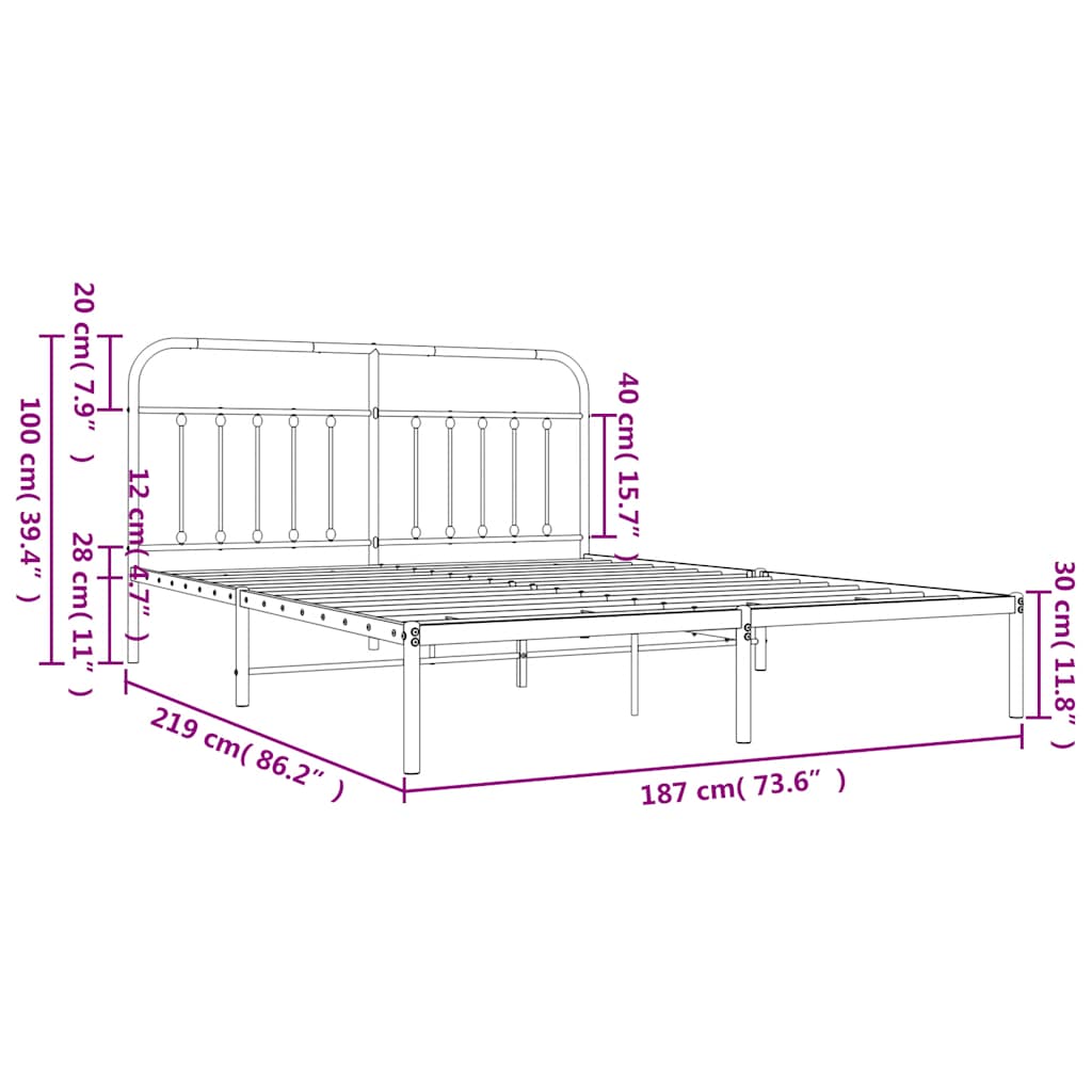 White Metal Bed Frame with Headboard - 183x213cm, No Mattress