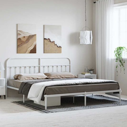 White Metal Bed Frame with Headboard, 193x203cm, No Mattress