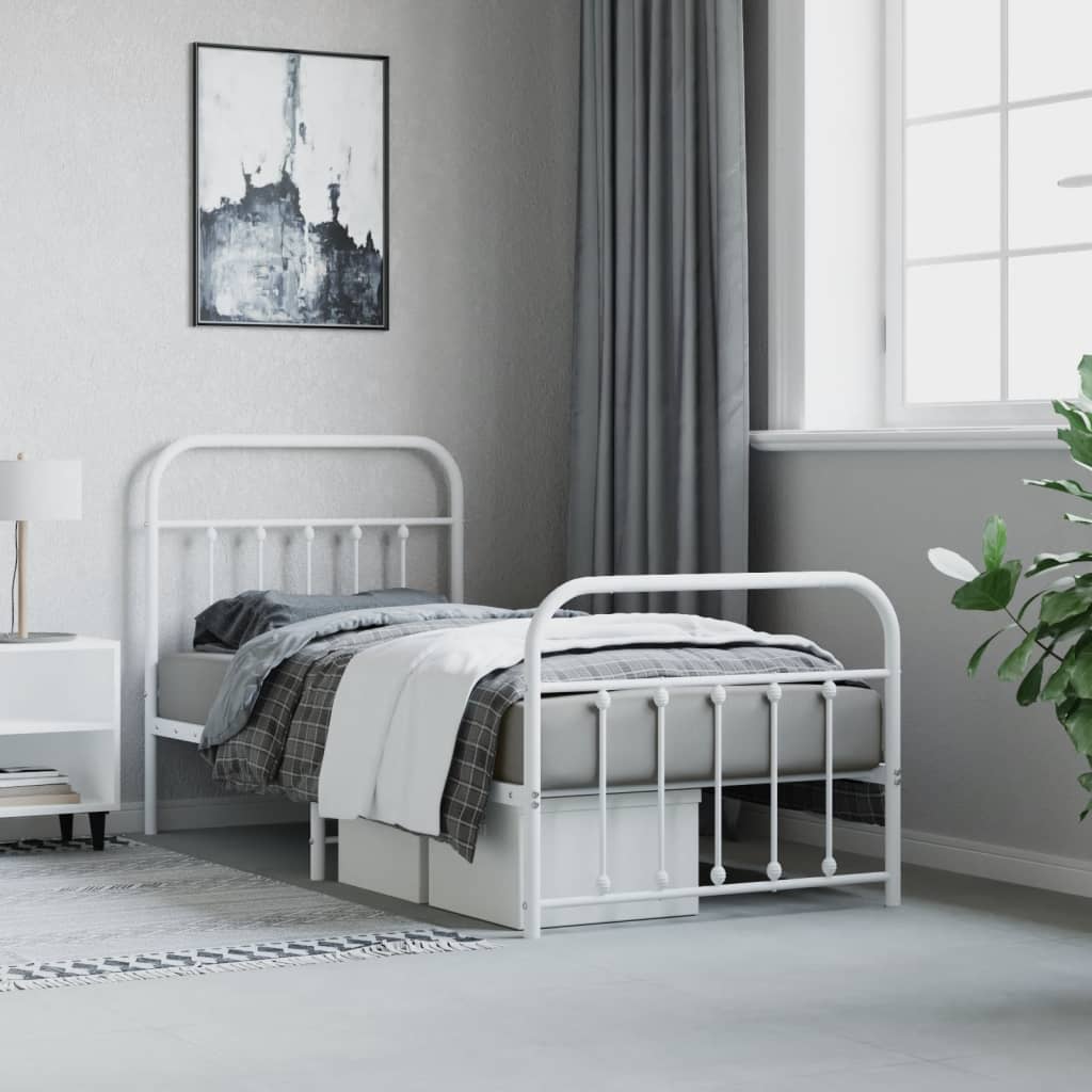 White Metal Bed Frame with Footboard, 90x190cm - No Mattress Included