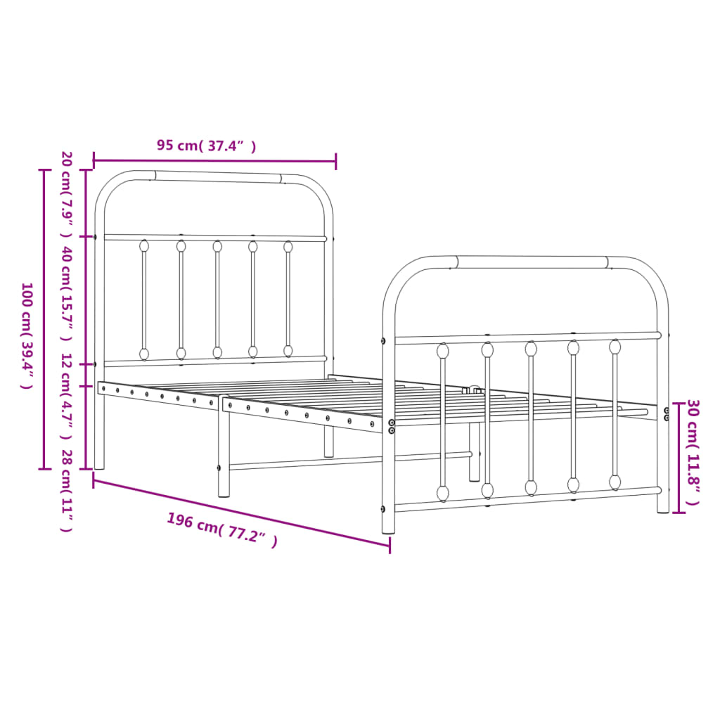 White Metal Bed Frame with Footboard, 90x190cm - No Mattress Included