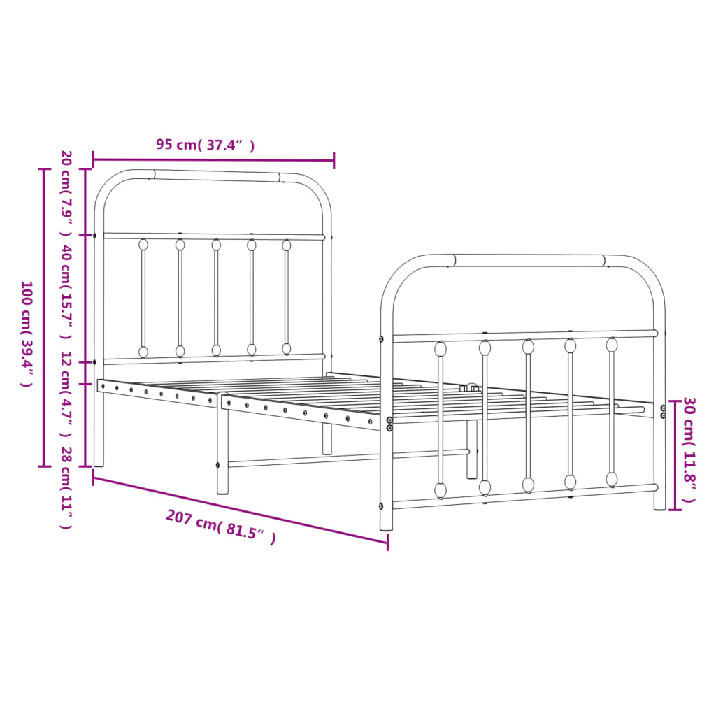 White Metal Bed Frame with Footboard 90x200cm - No Mattress