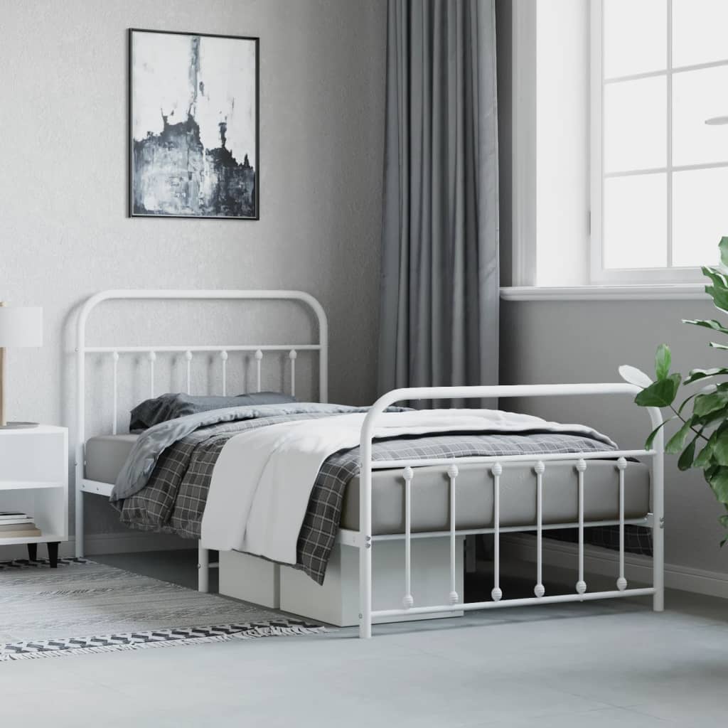 White Metal Bed Frame with Footboard - Durable 107x203cm Design