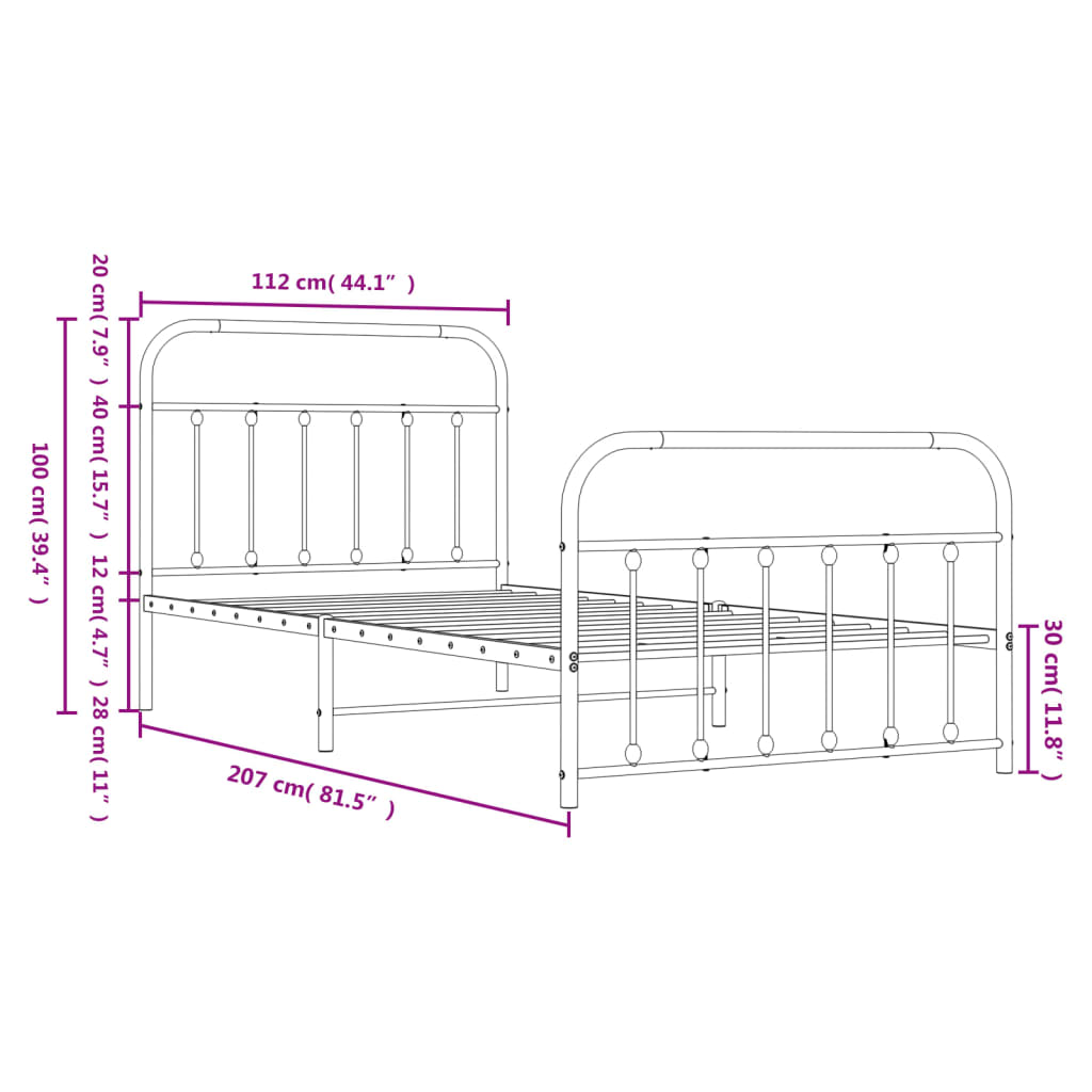 White Metal Bed Frame with Footboard - Durable 107x203cm Design