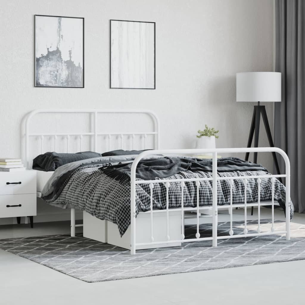 White Metal Bed Frame with Footboard, 140x200cm - No Mattress