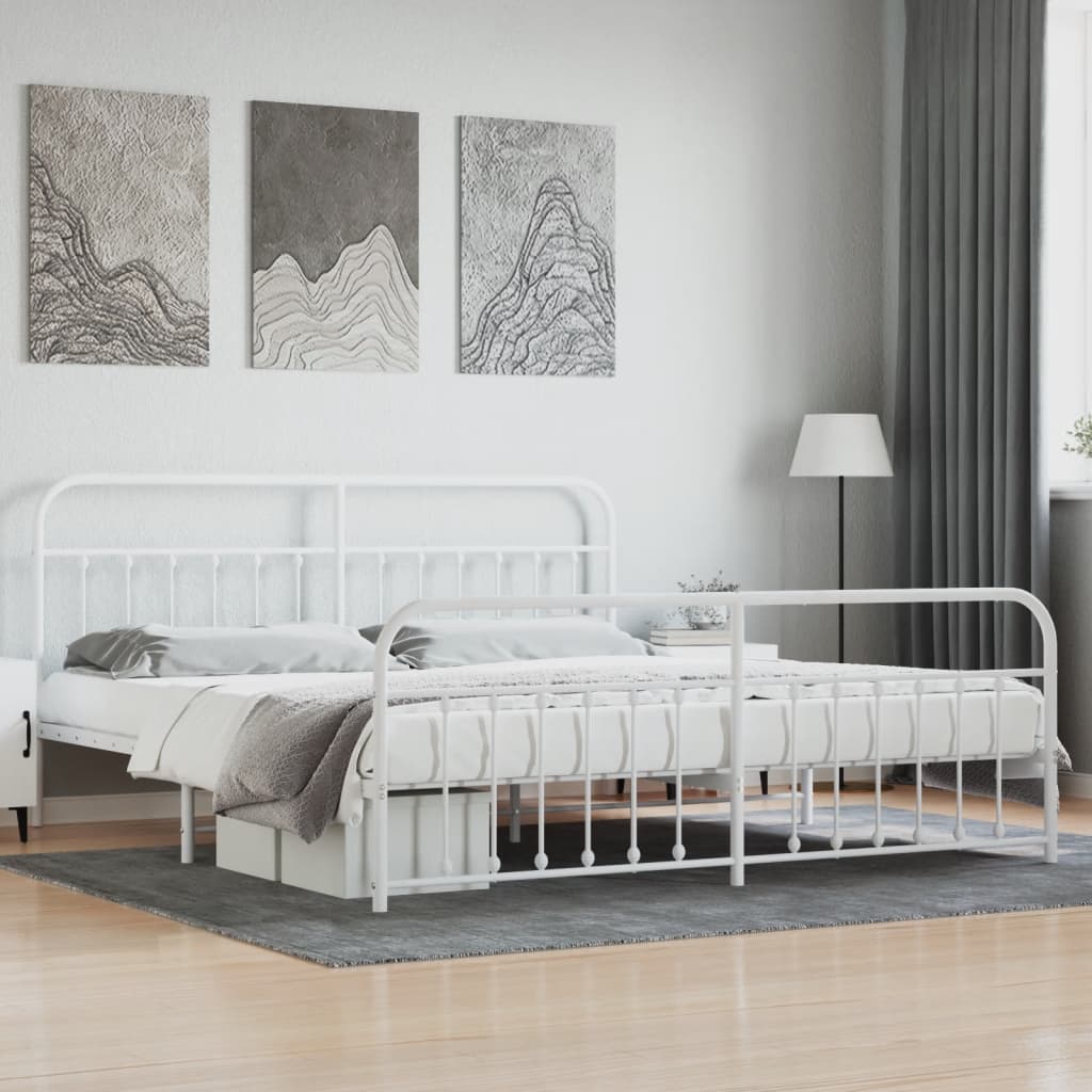 White Metal Bed Frame with Footboard, 200x200cm - No Mattress Included