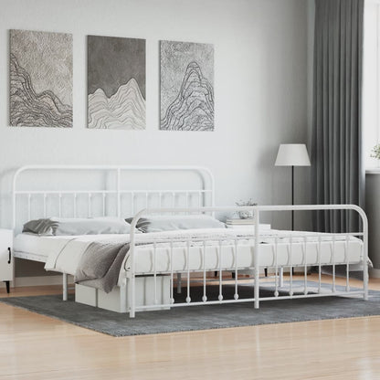 White Metal Bed Frame with Footboard, 200x200cm - No Mattress Included
