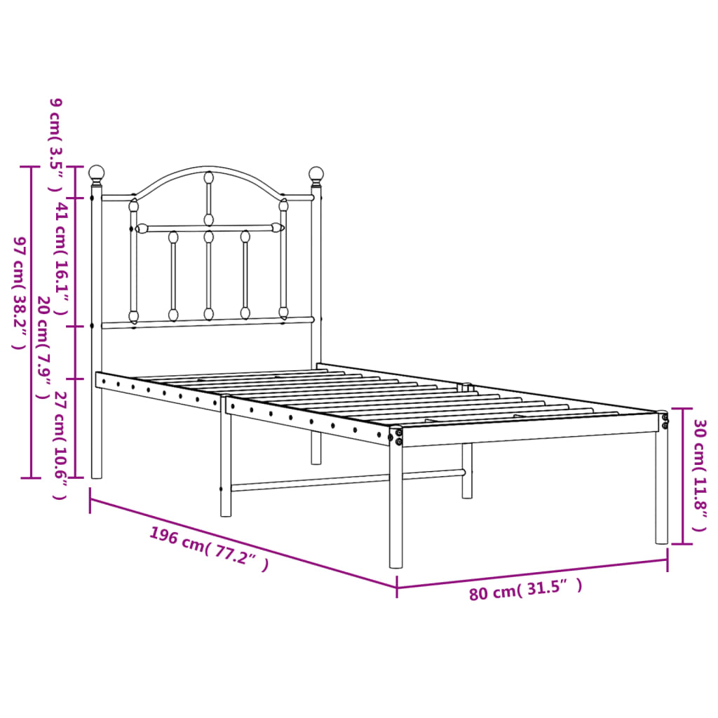 Sleek Black Metal Bed Frame with Headboard - 75x190cm