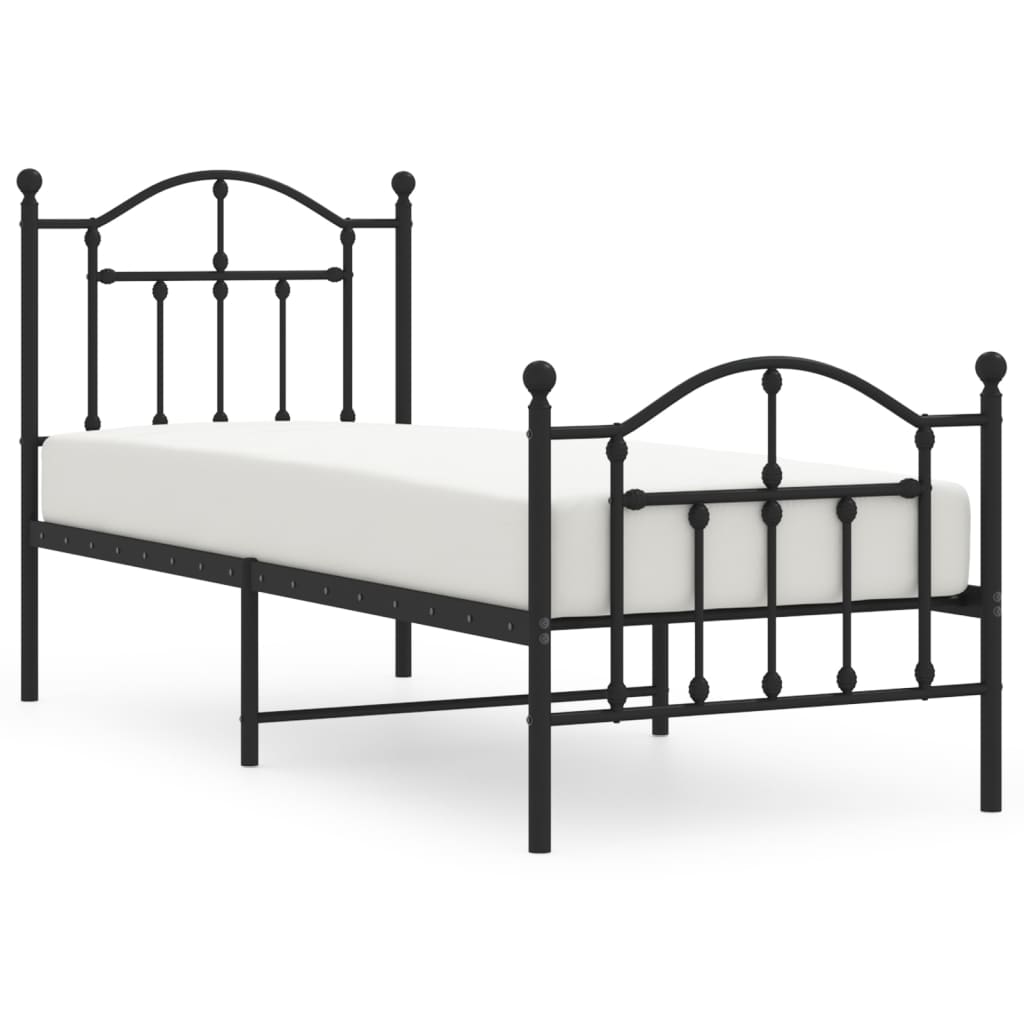 Black Metal Bed Frame with Footboard - 75x190cm, No Mattress