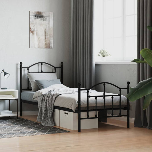 Sleek Black Metal Bed Frame with Footboard 90x200cm - No Mattress